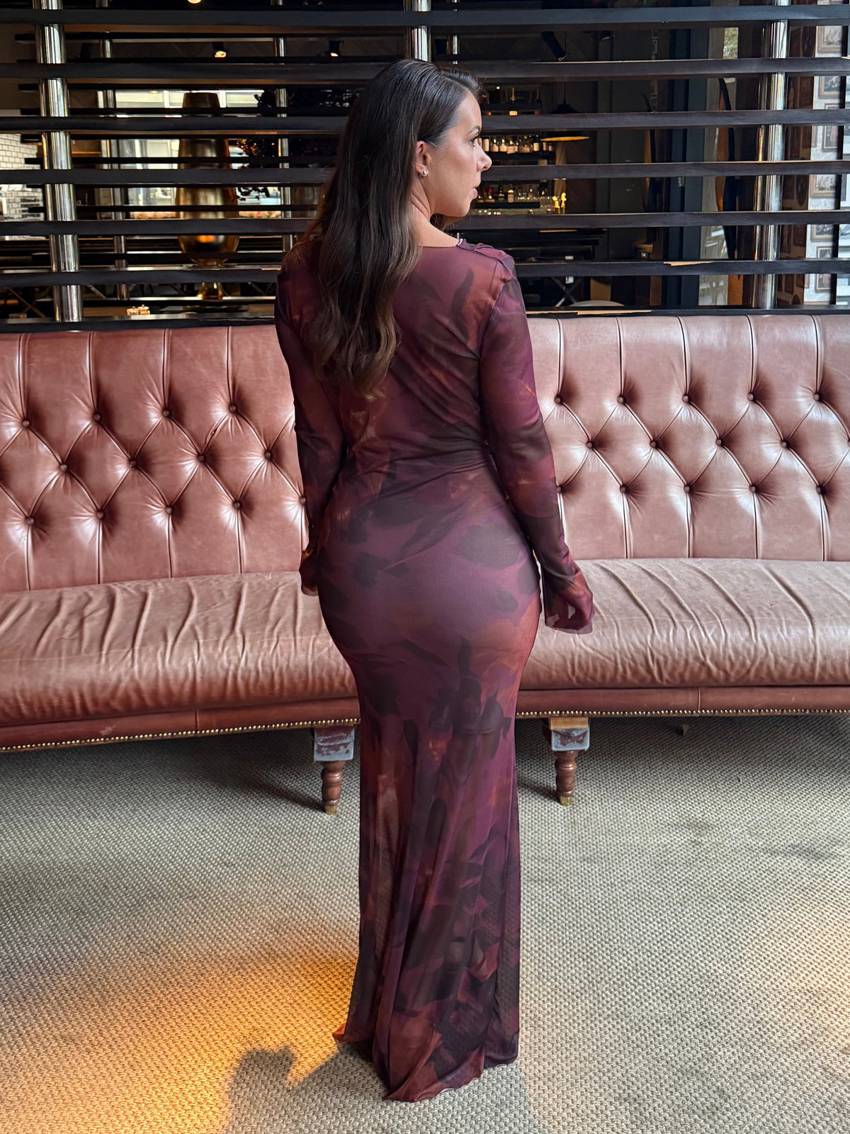 Full Length Long Sleeved Cowlneck Mesh Dress with Tie front