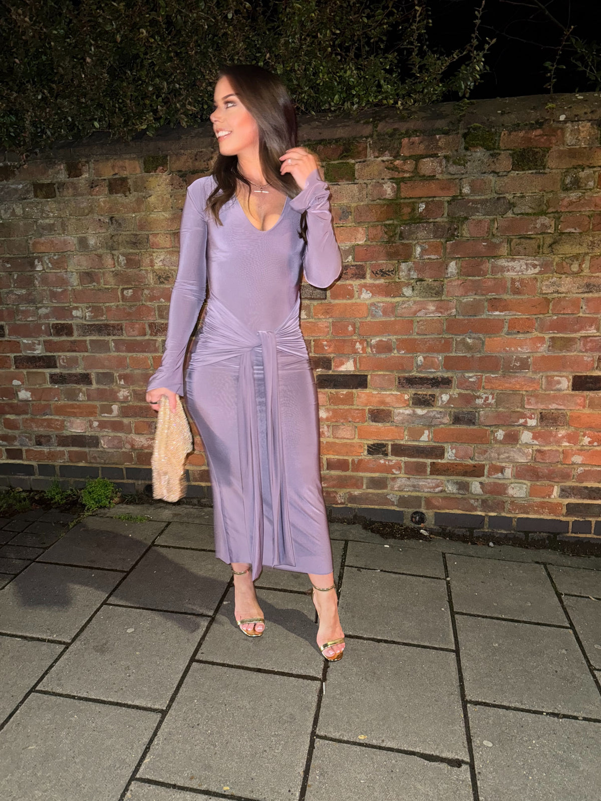 Long Sleeved Vneck Dress with Tie Waist