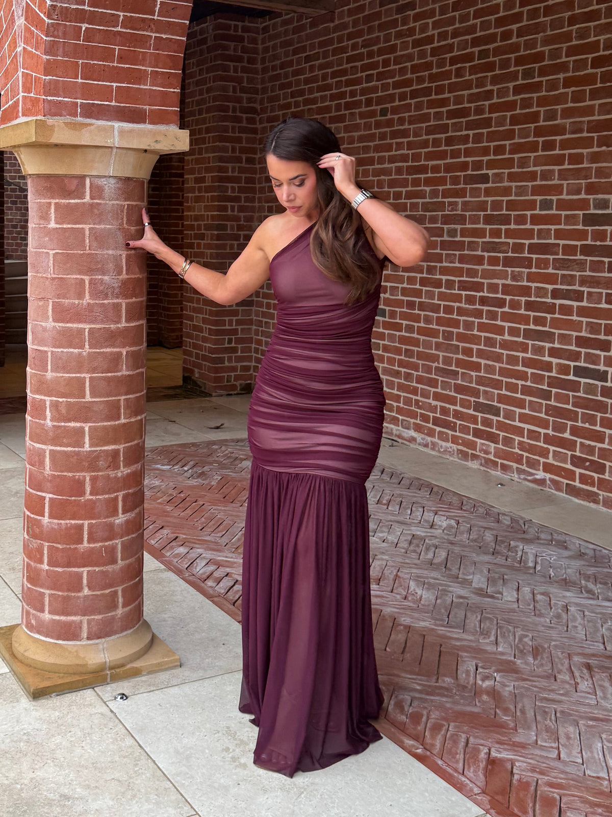 One Shoulder Fully Ruched Mesh Maxi Dress
