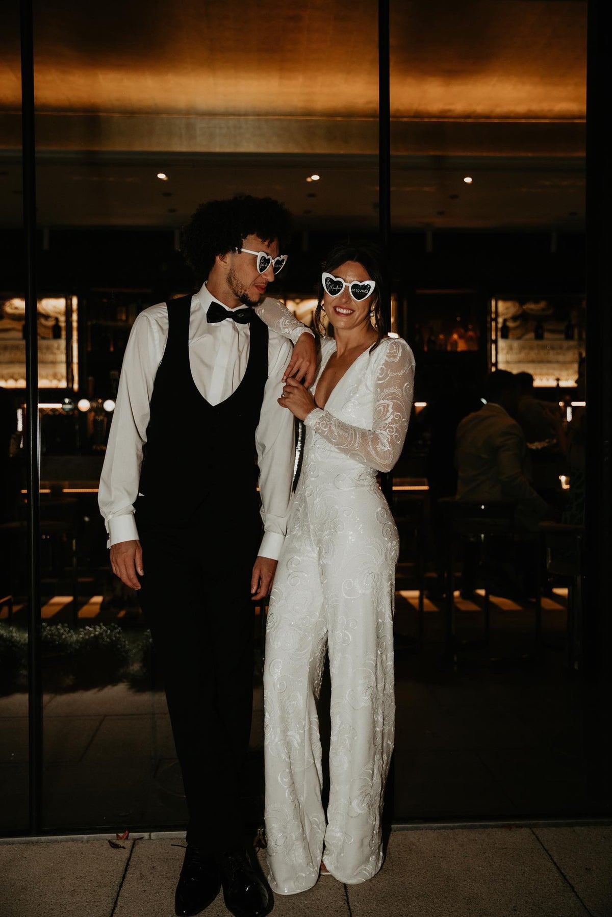 Sequinned Lace Long Sleeve Vneck Jumpsuit