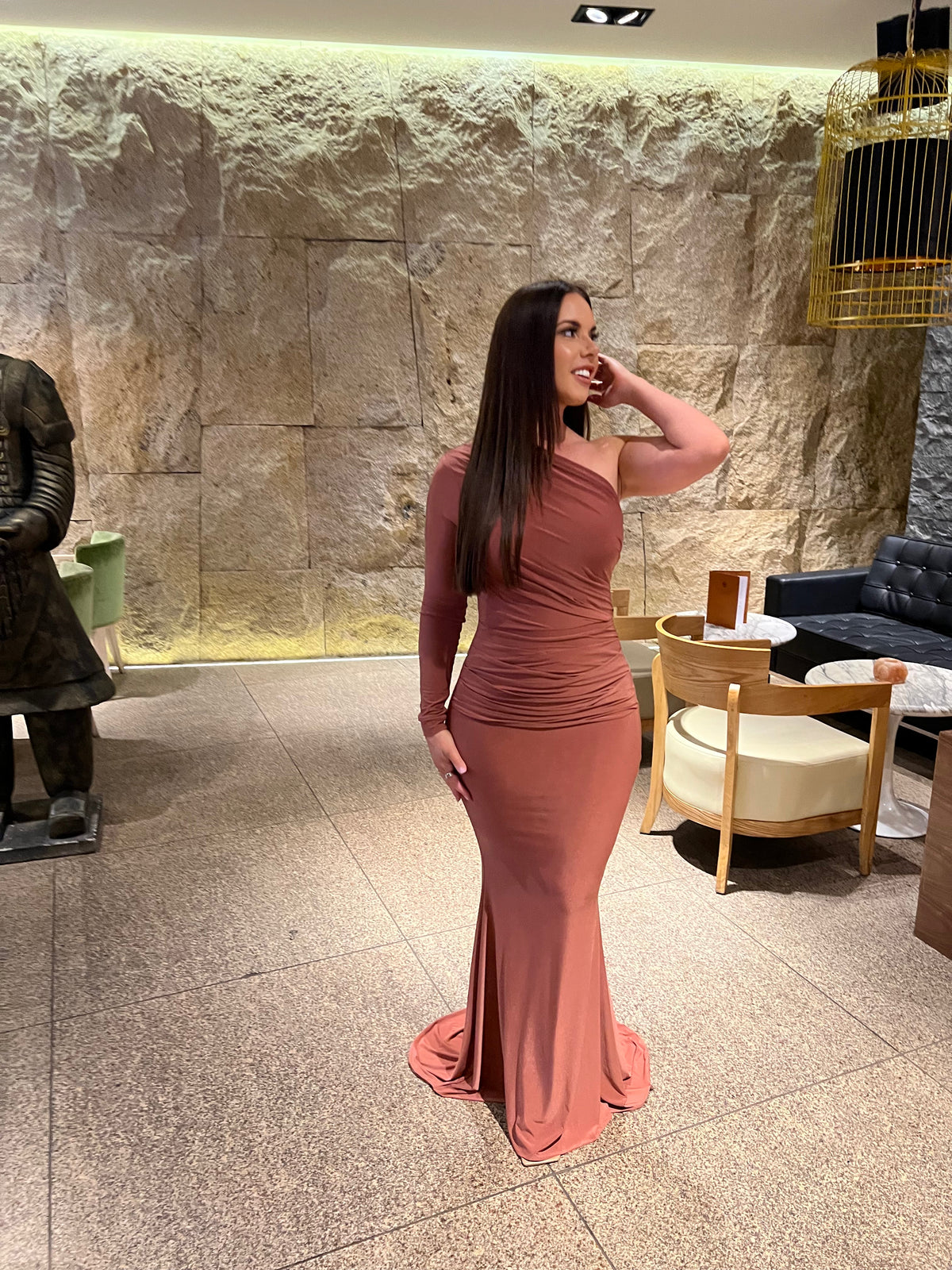 One Sleeved Luxury Pleated Fishtail Dress