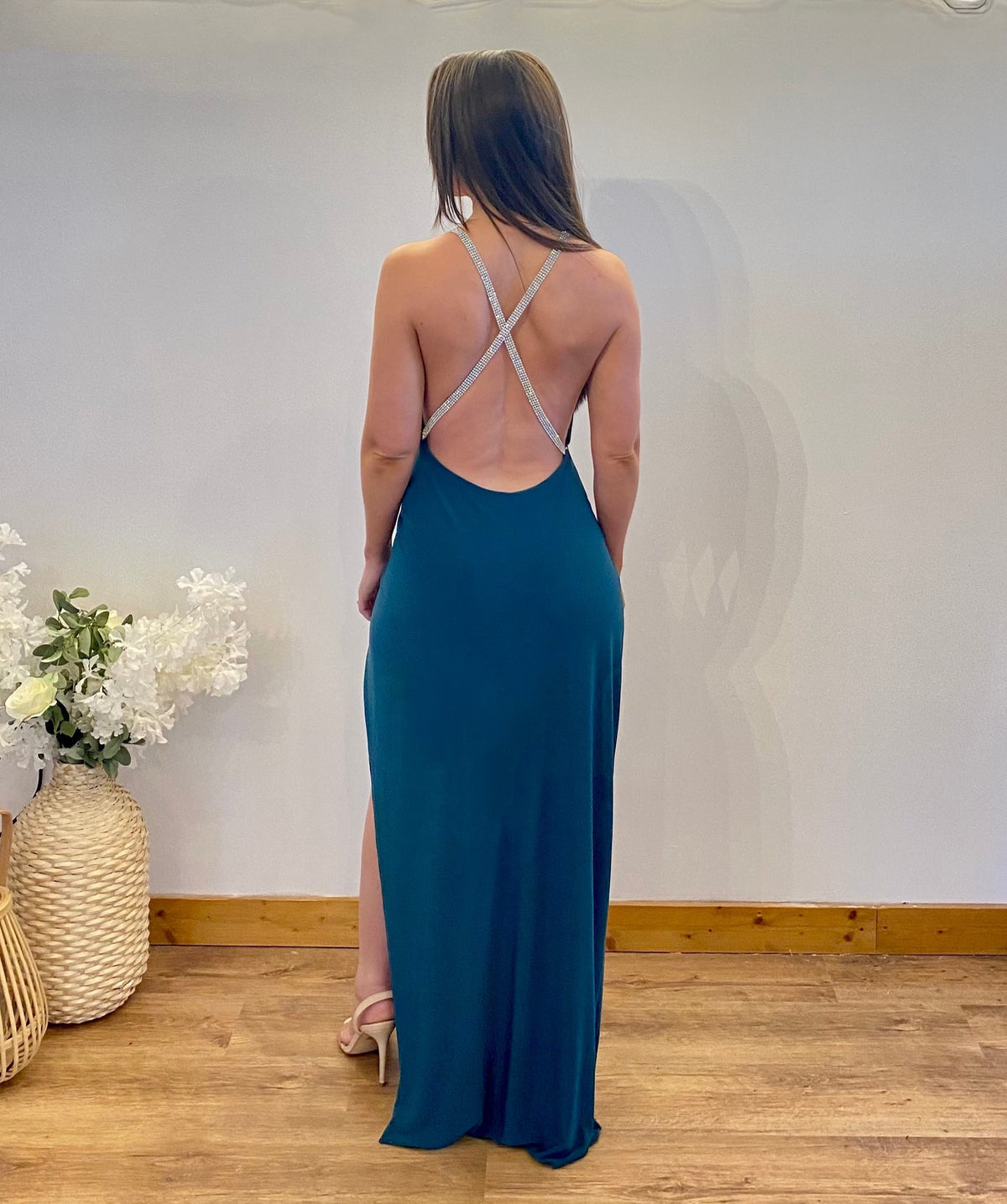 Full Length Backless Beaded Draping Wrap Over Dress