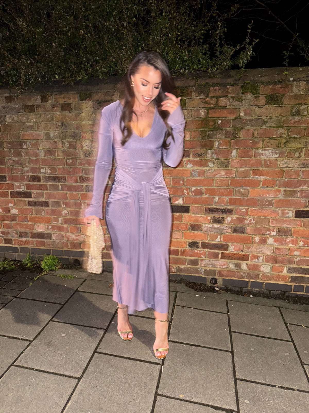 Long Sleeved Vneck Dress with Tie Waist