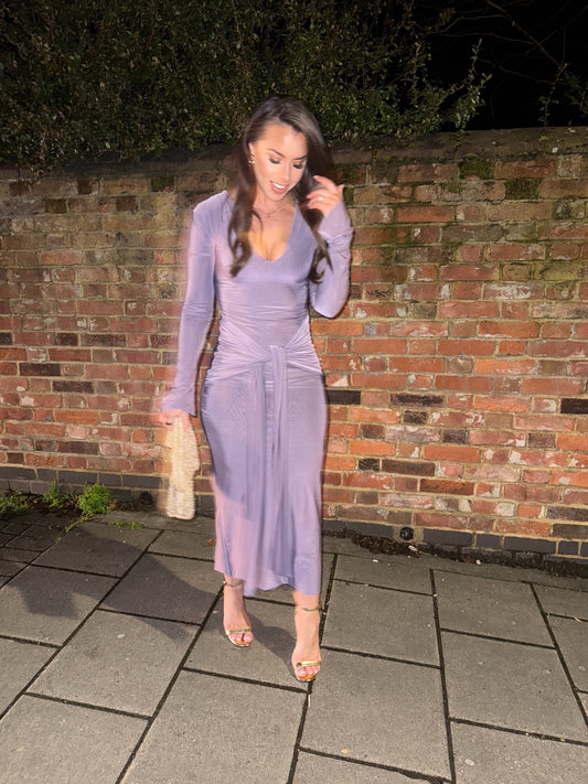 Long Sleeved Vneck Dress with Tie Waist