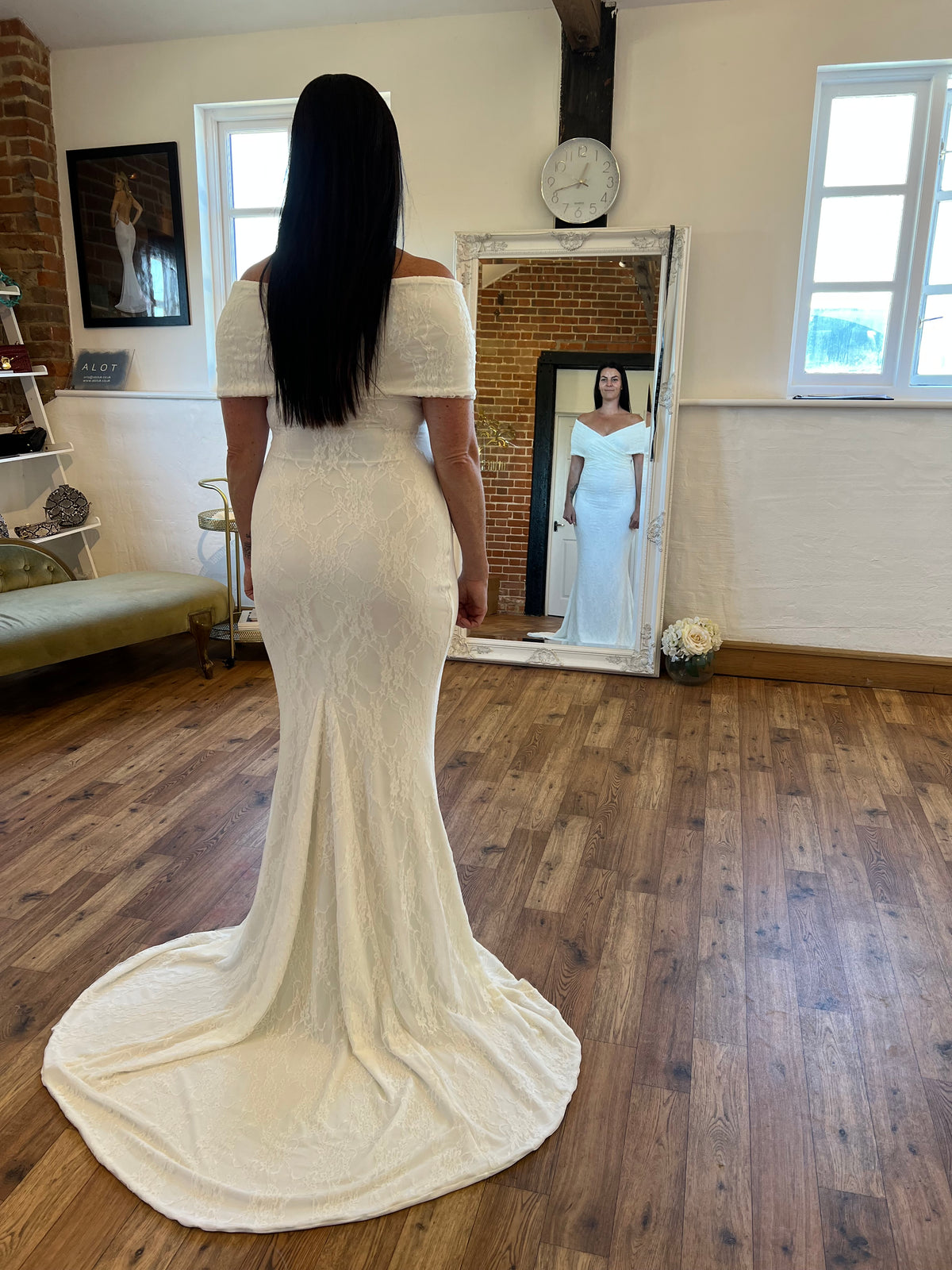 Lace Sweetheart Bardot Fishtail Dress with added panel