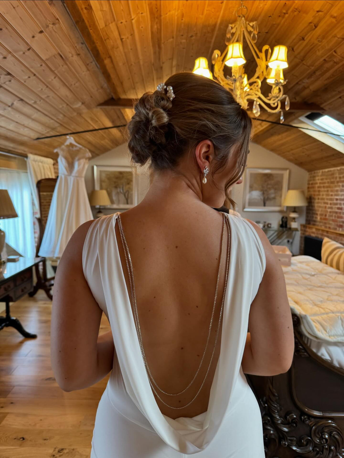Highneck front with Low Cowl Back Fishtail Dress with added panel and Diamanté chains