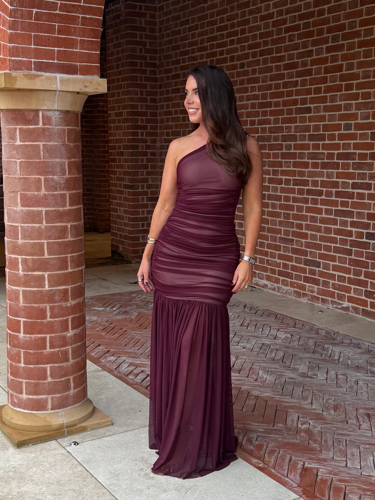 One Shoulder Fully Ruched Mesh Maxi Dress