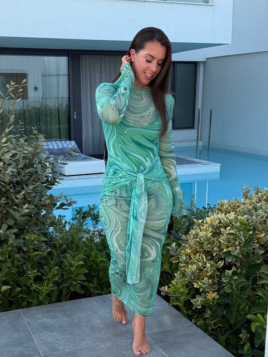 Ankle Length Long Sleeved Mesh Dress with Tie front