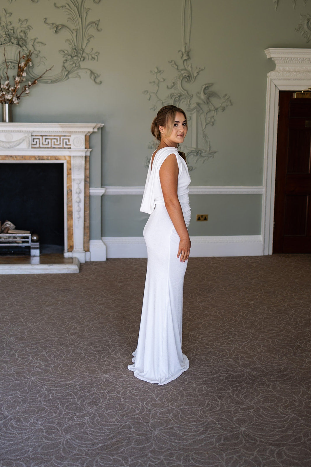 Highneck pleated A-line Dress with Low Cowl Back
