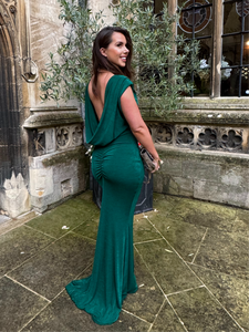 Highneck Pleated front with Low Cowl Back Fishtail Dress