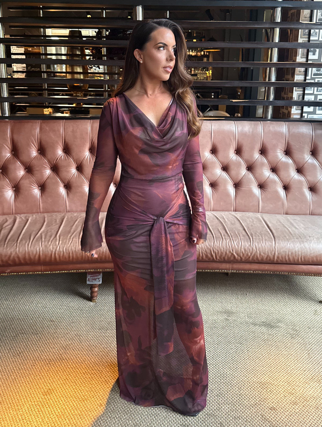 Full Length Long Sleeved Cowlneck Mesh Dress with Tie front