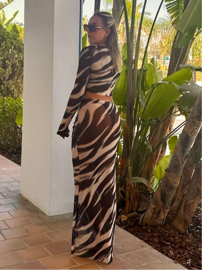 Full Length Mesh Skirt with Dipped Tummy Ruching and Matching Long Sleeved Top