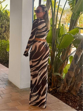 Load image into Gallery viewer, Full Length Mesh Skirt with Dipped Tummy Ruching and Matching Long Sleeved Top
