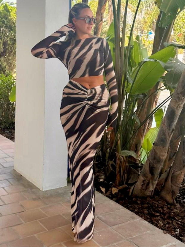 Full Length Mesh Skirt with Dipped Tummy Ruching and Matching Long Sleeved Top