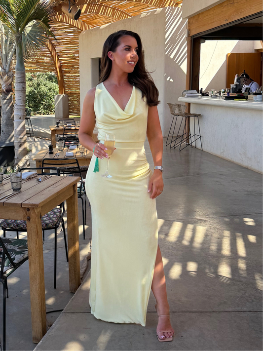 Full Length Dress with cowl neckline, side split and ruched tummy