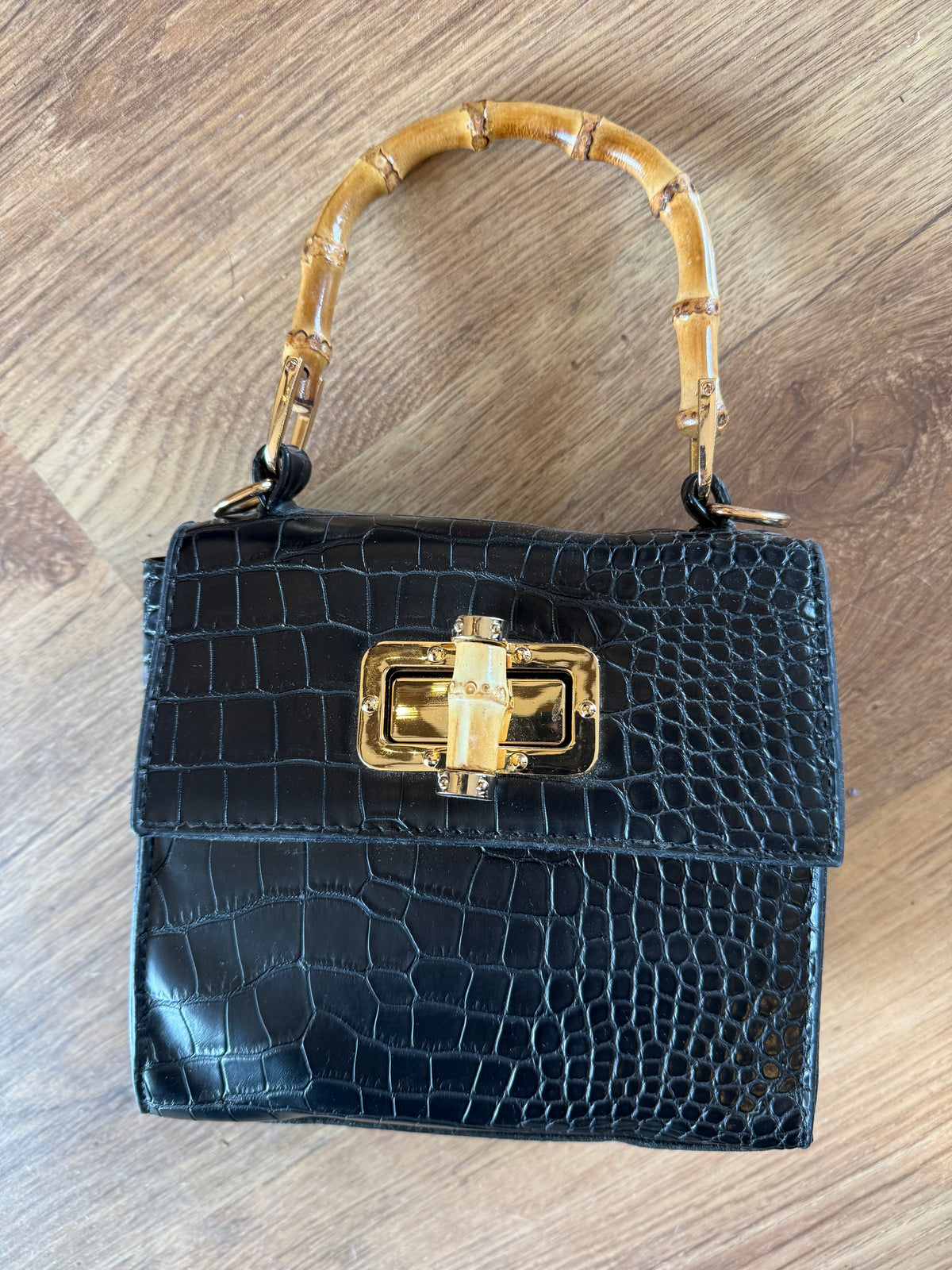 Black Handbag with bamboo handle