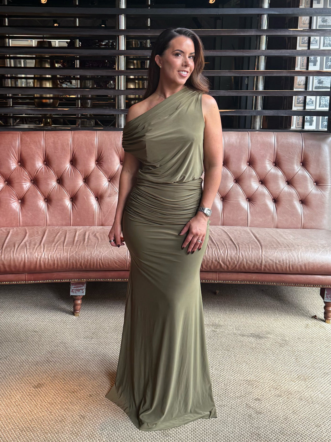 Ruched Off the Shoulder A-line Dress with ruched tummy