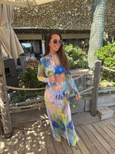 Load image into Gallery viewer, Full Length Mesh Skirt with Dipped Tummy Ruching and Matching Long Sleeved Top
