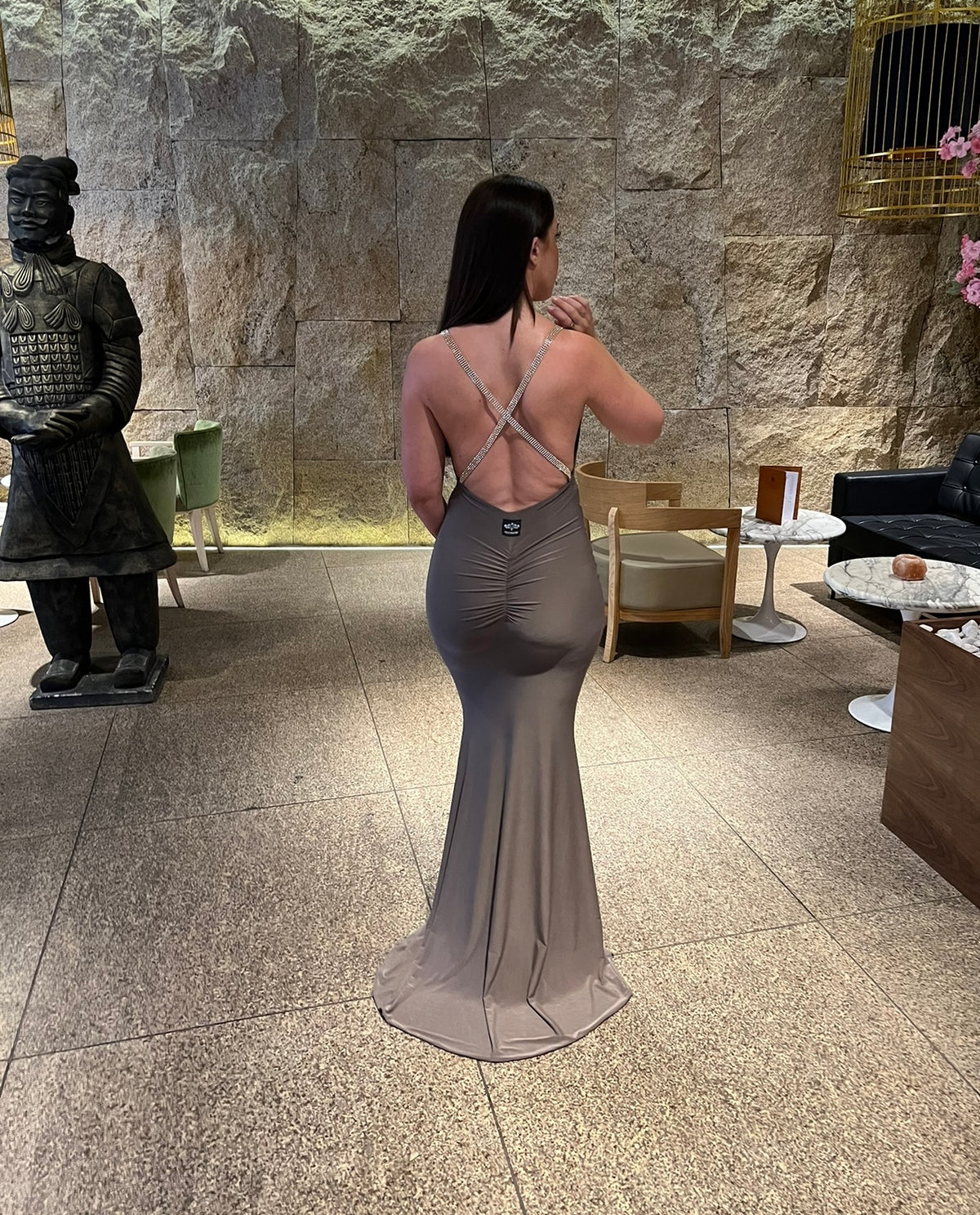 Plunge Drape Backless Beaded Fishtail Dress