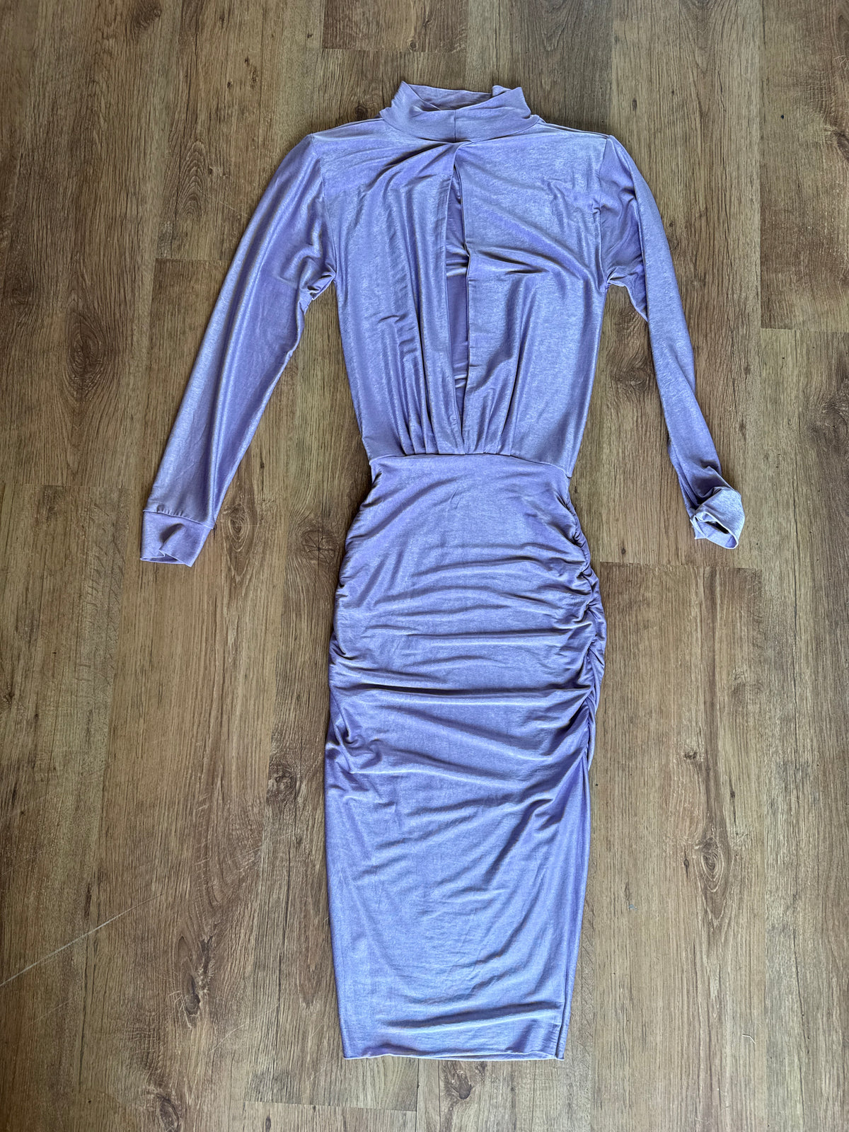 Long Sleeved Turtleneck Dress with ruching and shoulder pads