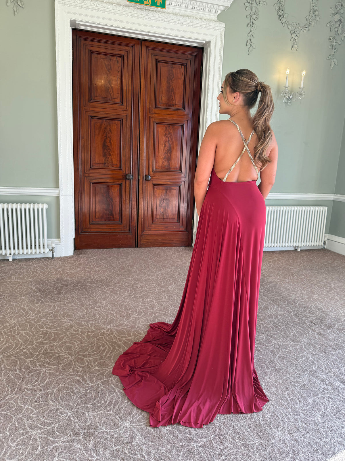 Cross Over Backless Beaded Fanned Dress