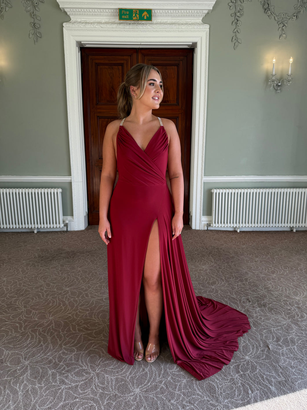 Cross Over Backless Beaded Fanned Dress