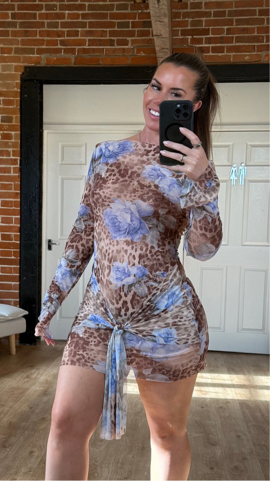 Mid Thigh Length Long Sleeved Mesh Dress with Tie front