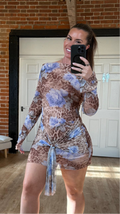 Mid Thigh Length Long Sleeved Mesh Dress with Tie front