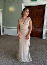 Load image into Gallery viewer, V-neck Tied Shoulder Fishtail Dress with tummy ruching
