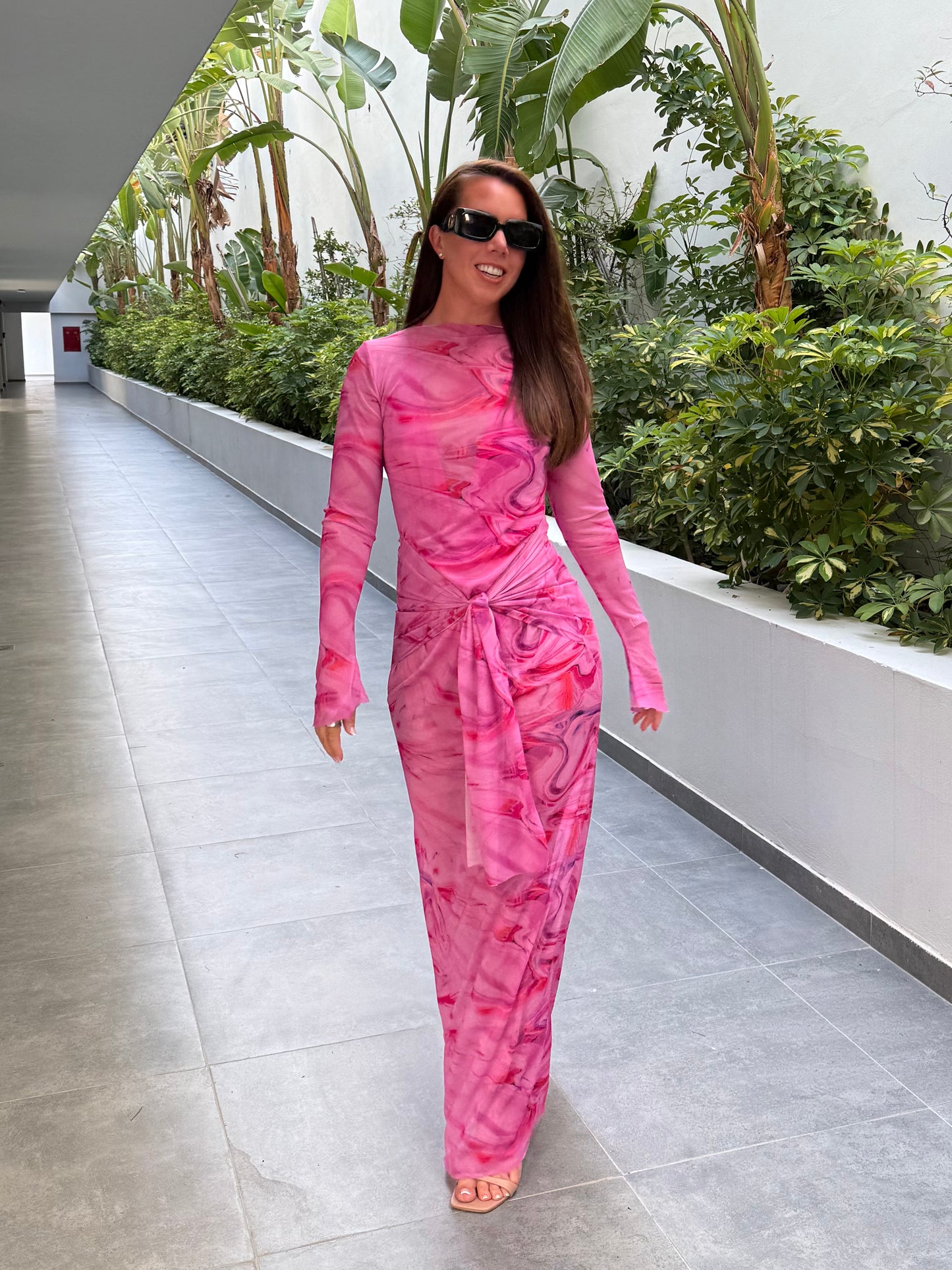 Full Length Long Sleeved Mesh Dress with Tie front