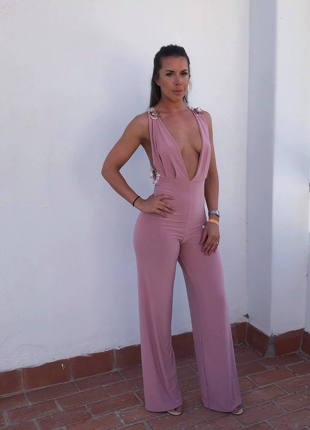 Plunge Cross Backless Beaded Straight Leg Jumpsuit