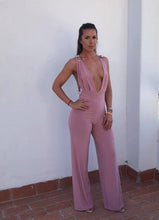 Load image into Gallery viewer, Plunge Cross Backless Beaded Wide Leg Jumpsuit
