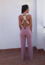 Load image into Gallery viewer, Plunge Cross Backless Beaded Wide Leg Jumpsuit
