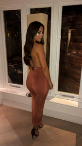 Halterneck Plunge Ankle Length Dress With Side Split