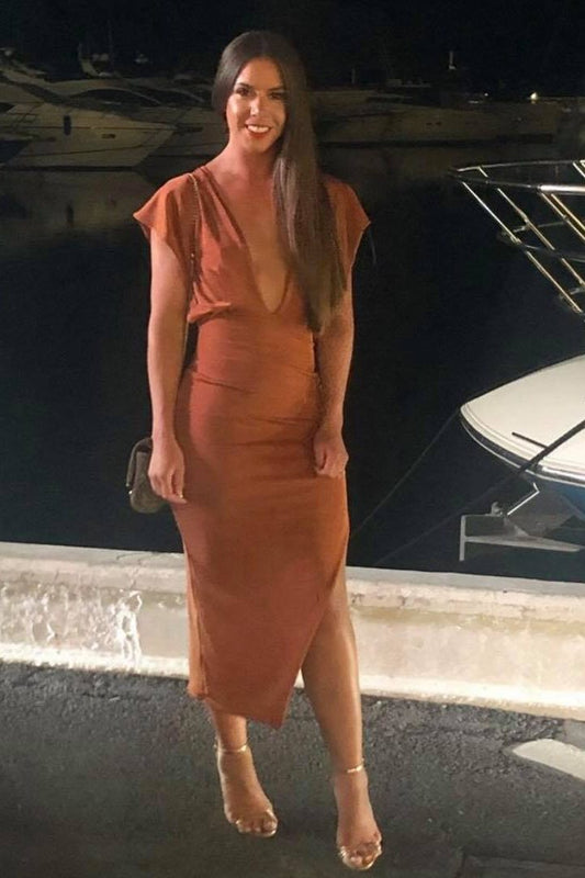 Backless Draped Shoulder Calf Length Dress With Side Split