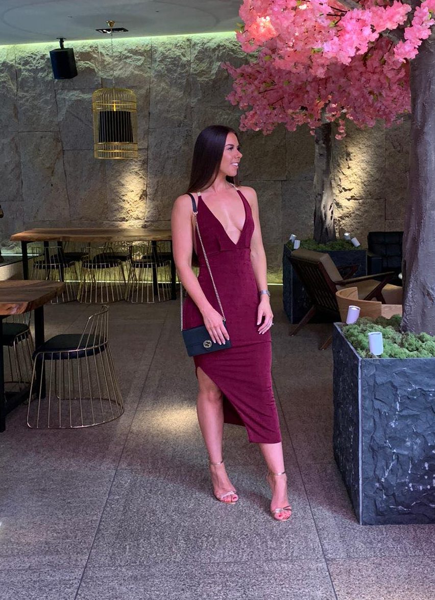 Plunge Cross Backless Beaded Calf Length Dress with Side Split