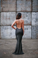 Load image into Gallery viewer, Plunge Cross Backless Beaded Fishtail Dress
