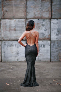 Plunge Cross Backless Beaded Fishtail Dress