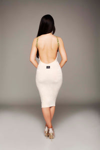 High Roundneck Backless Beaded Bodycon Dress