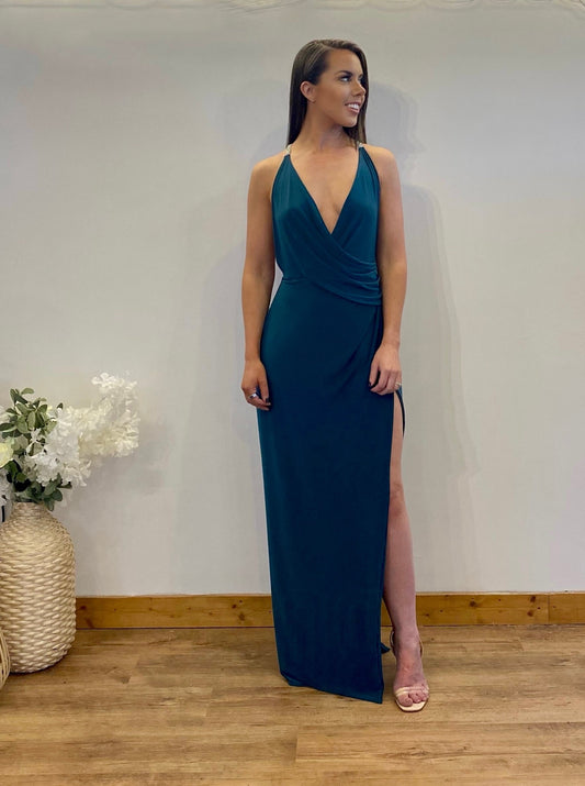 Full Length Backless Beaded Draping Wrap Over Dress