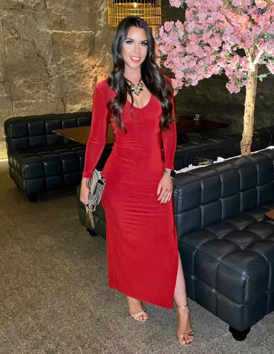 Long Sleeved Ankle Length Vneck Dress with Side Split
