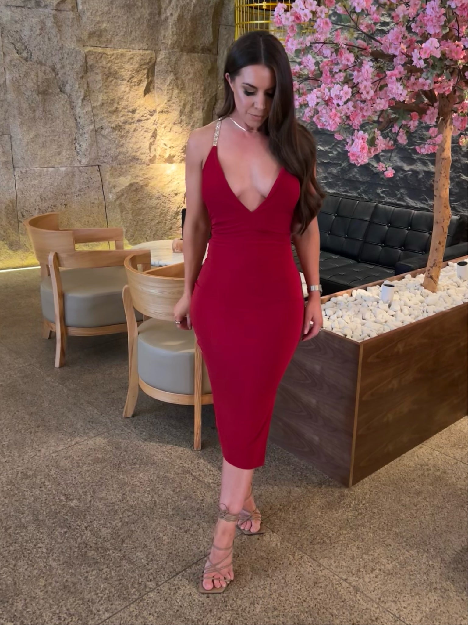 Plunge Cross Backless Beaded Dress with Built in Cups Alice's Boutique Plunge Cross Backless Beaded Dress with Built in Cups Alice's Boutique