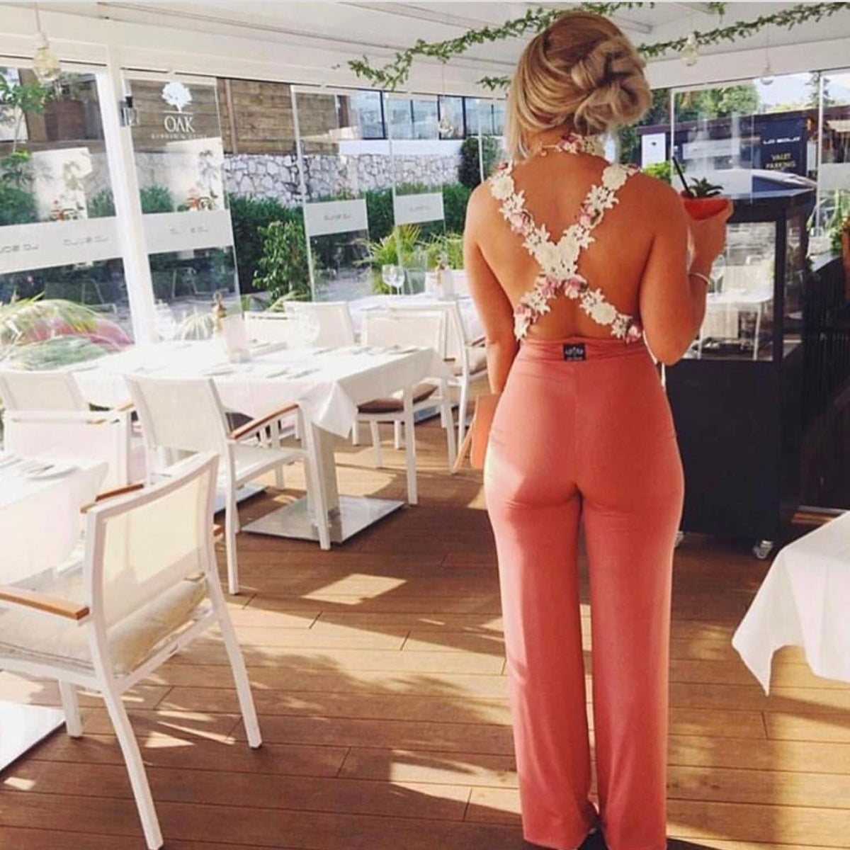 Plunge Cross Backless Beaded Straight Leg Jumpsuit