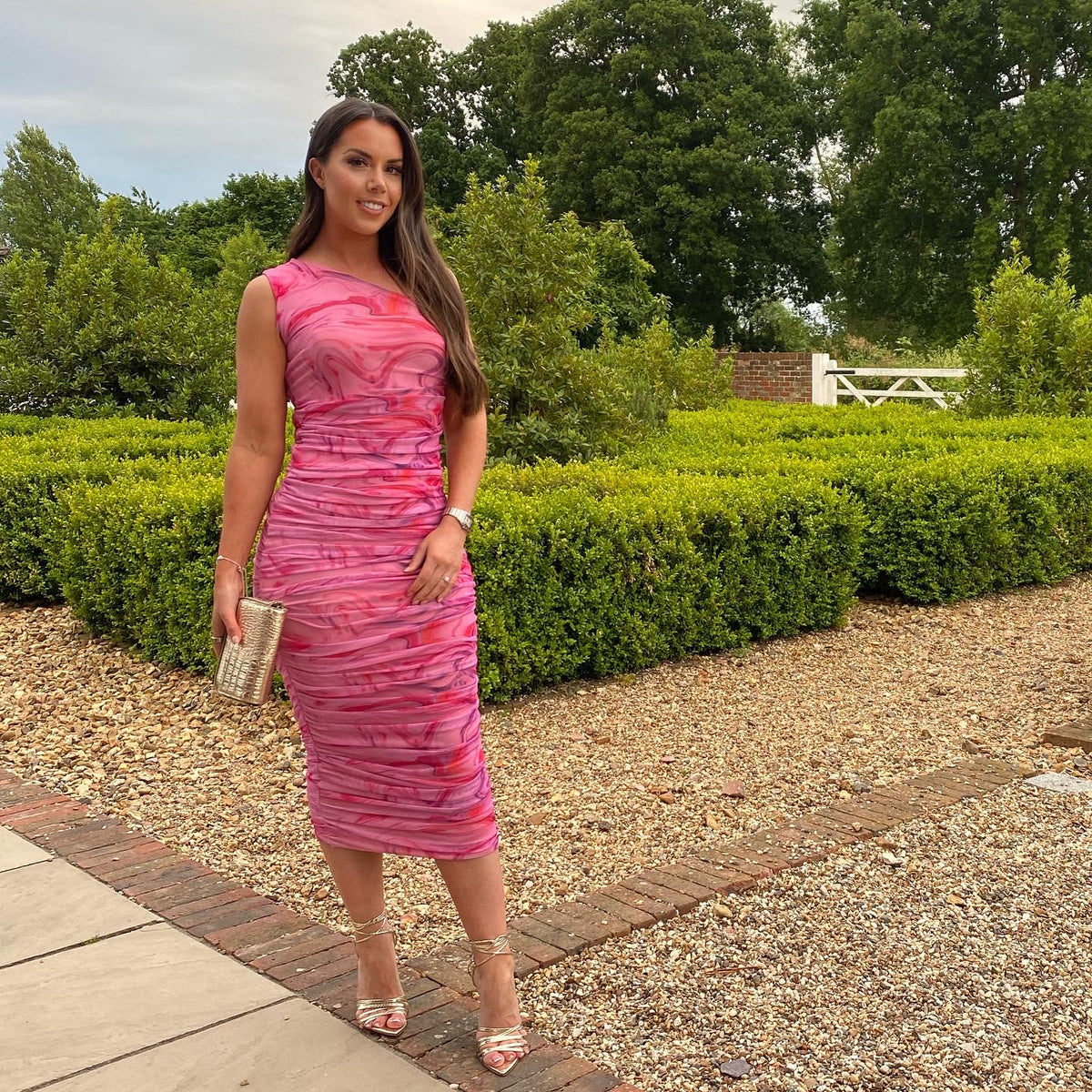 One Shoulder Fully Ruched Mesh Dress