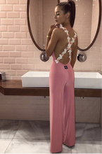 Load image into Gallery viewer, Plunge Cross Backless Beaded Wide Leg Jumpsuit
