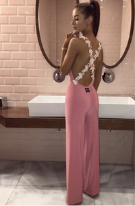 Plunge Cross Backless Beaded Wide Leg Jumpsuit