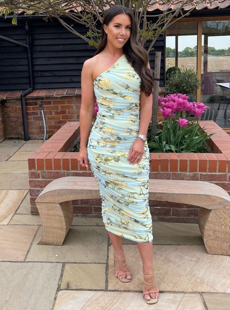 One Shoulder Fully Ruched Mesh Dress Alice's Boutique One Shoulder Fully Ruched Mesh Dress Alice's Boutique