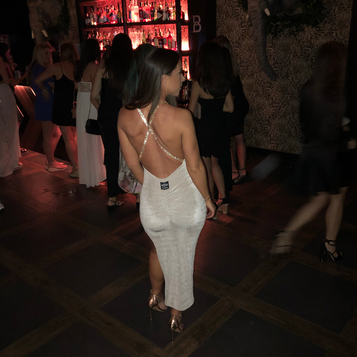 Plunge Cross Backless Beaded Calf Length Dress with Side Split