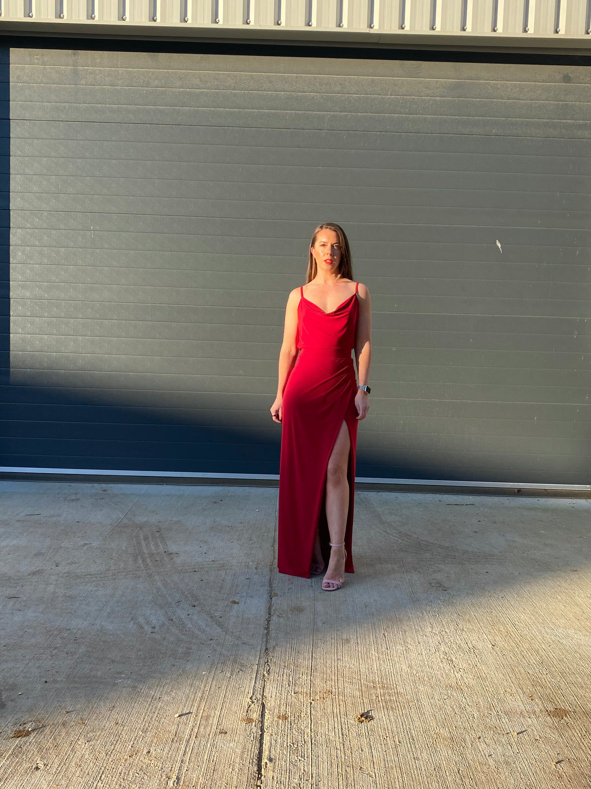 Spaghetti Cowl Fishtail Wrap Dress
