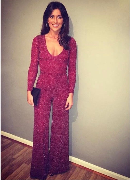 Long Sleeved VNeck Straight Leg Jumpsuit
